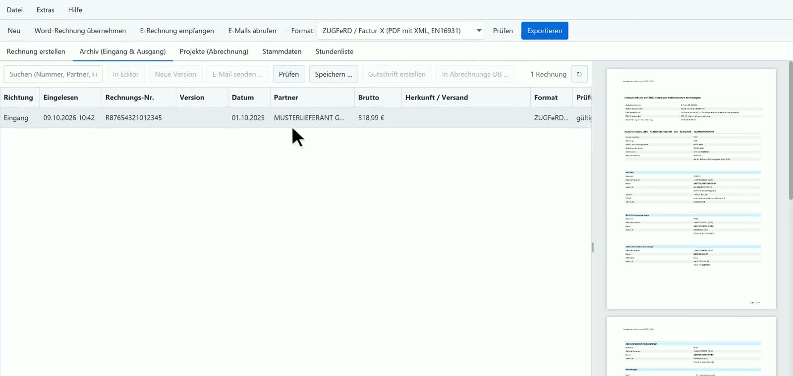 Empfangene E-Rechnung im Archiv mit lesbarer Ansicht