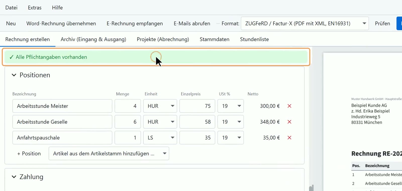 Rechnungspositionen mit Hinweis Alle Pflichtangaben vorhanden